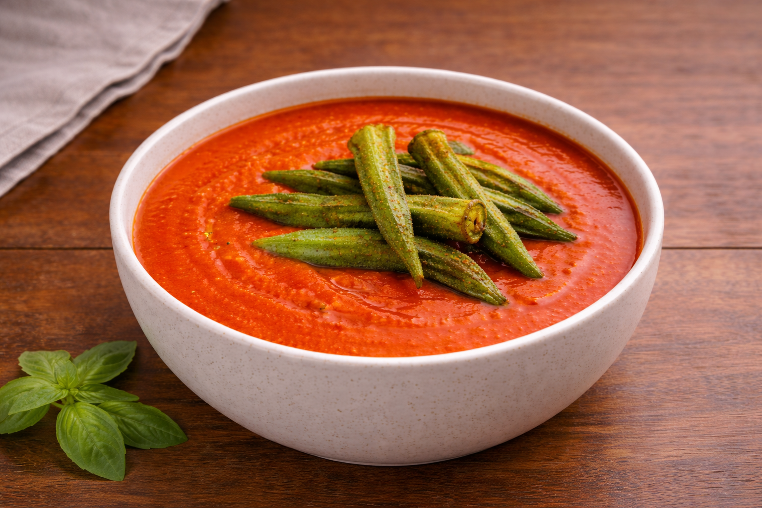Kremowa wegańska zupa pomidorowa podana w misce, wykończona chrupiącą okrą Masala Super Munchies zamiast grzanek