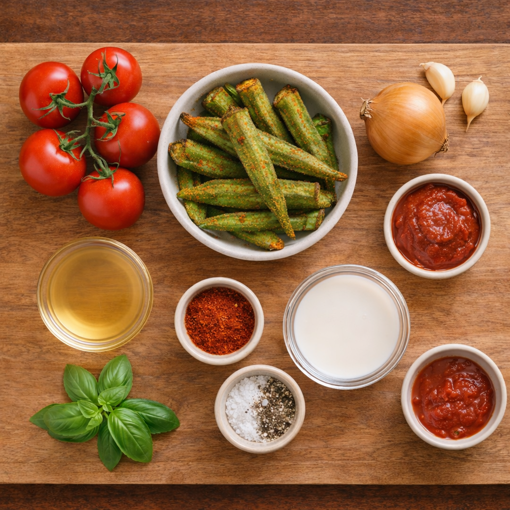 Składniki do kremowej wegańskiej zupy pomidorowej z chrupiącą okrą Masala: pomidory, okra Masala, cebula, czosnek, przyprawy, mleko roślinne i oliwa