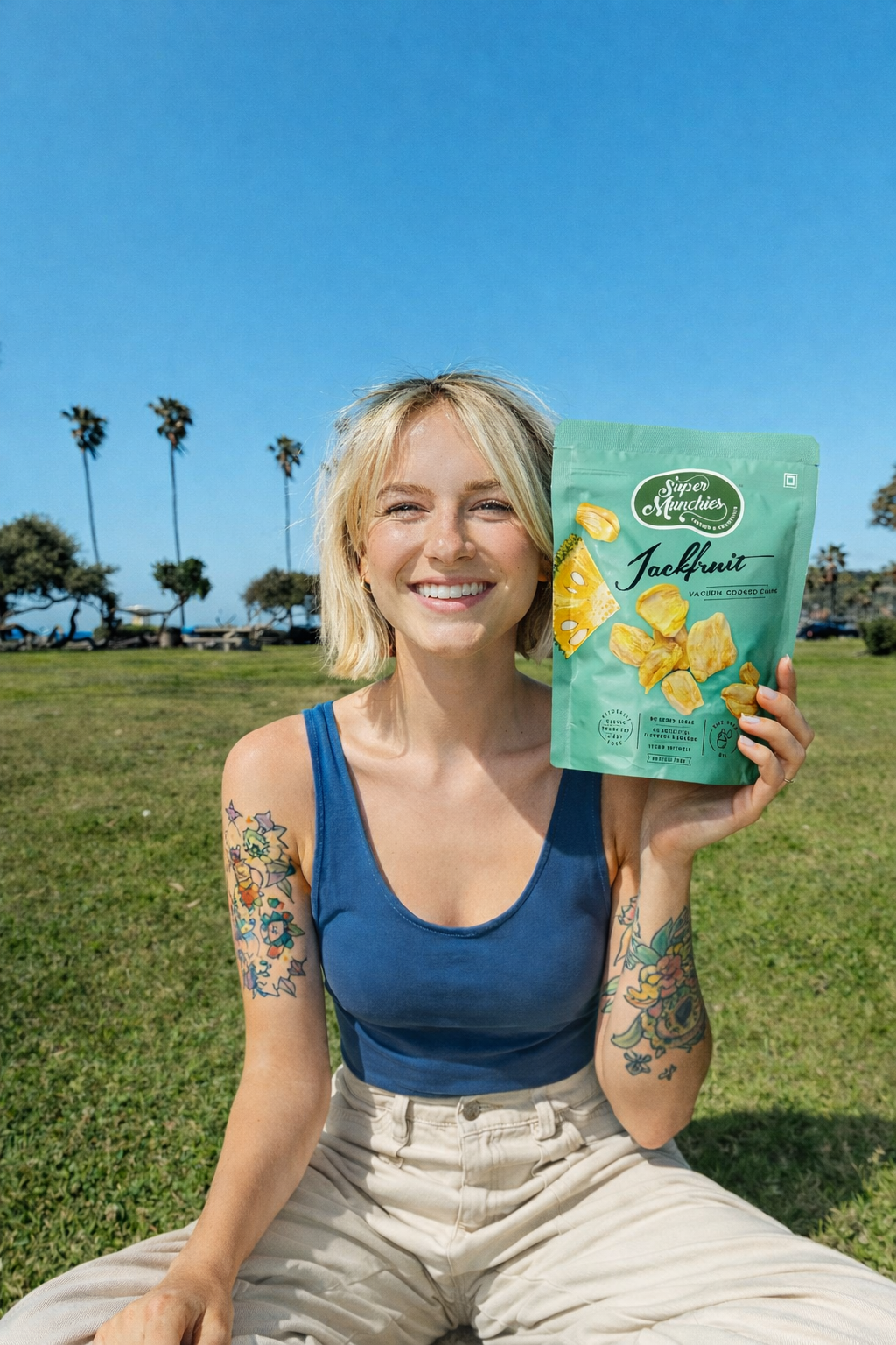 Kobieta trzyma opakowanie chipsów z jackfruita Super Munchies na trawie w słoneczny dzień