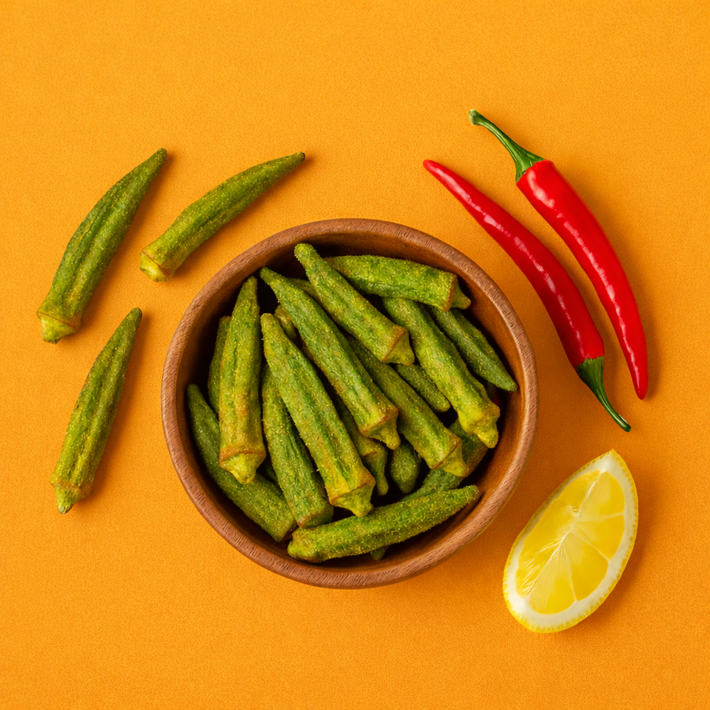 Chipsy z okry Masala w drewnianej misce na pomarańczowym tle z papryczkami chili i plasterkiem cytryny