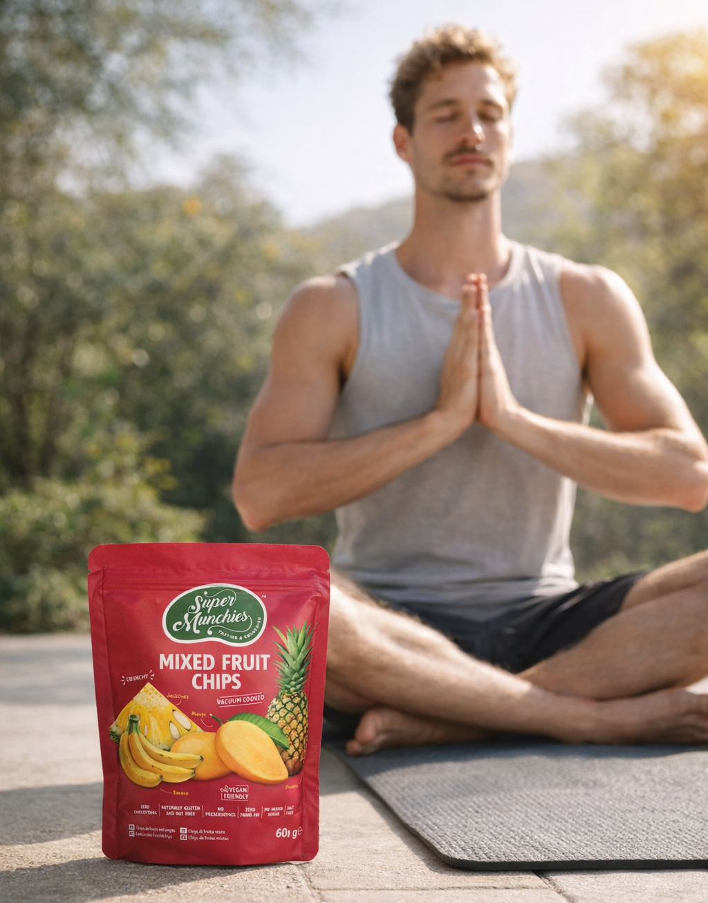 Opakowanie Mixed Fruit Chips Super Munchies przed mężczyzną medytującym na macie do jogi na świeżym powietrzu, naturalnie słodka i chrupiąca przekąska