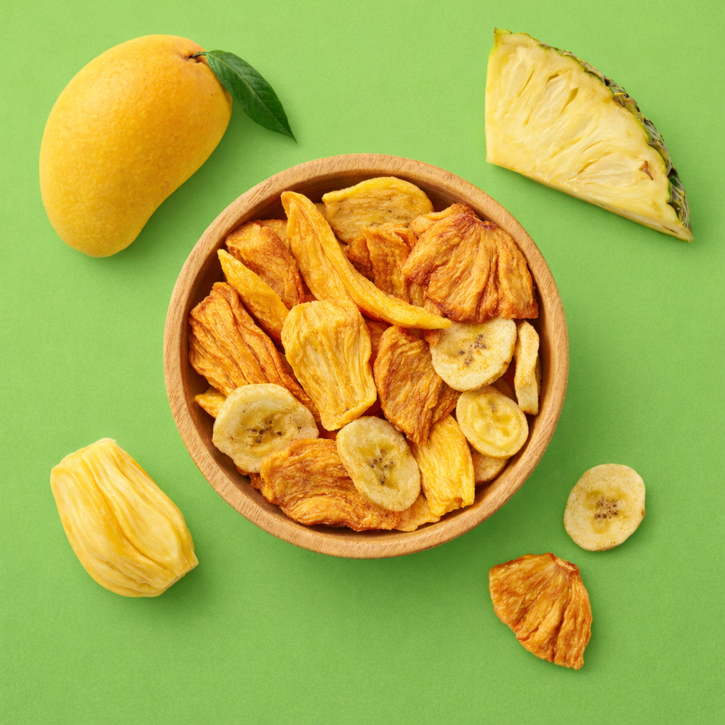 Naturalnie słodkie i chrupiące chipsy z mango, ananasa, banana i jackfruita w drewnianej misce na zielonym tle ze świeżymi owocami