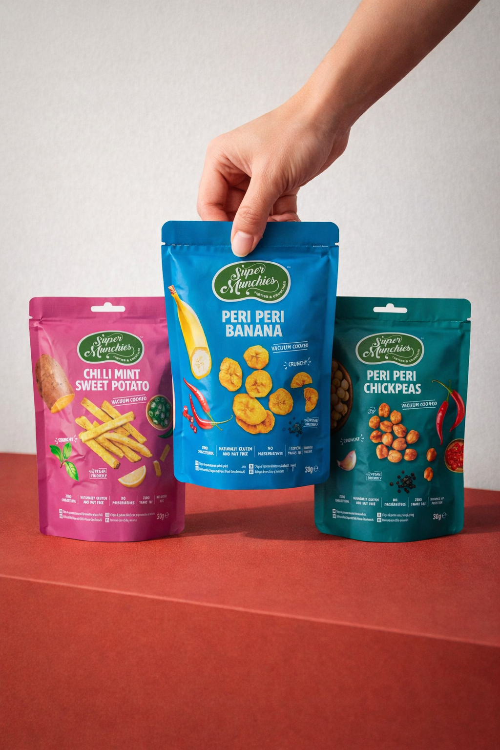 Chrupiące przekąski Super Munchies w trzech smakach Peri Peri Banana, Peri Peri Chickpeas i Chili Mint Sweet Potato na czerwonym tle, jedno opakowanie trzymane w dłoni