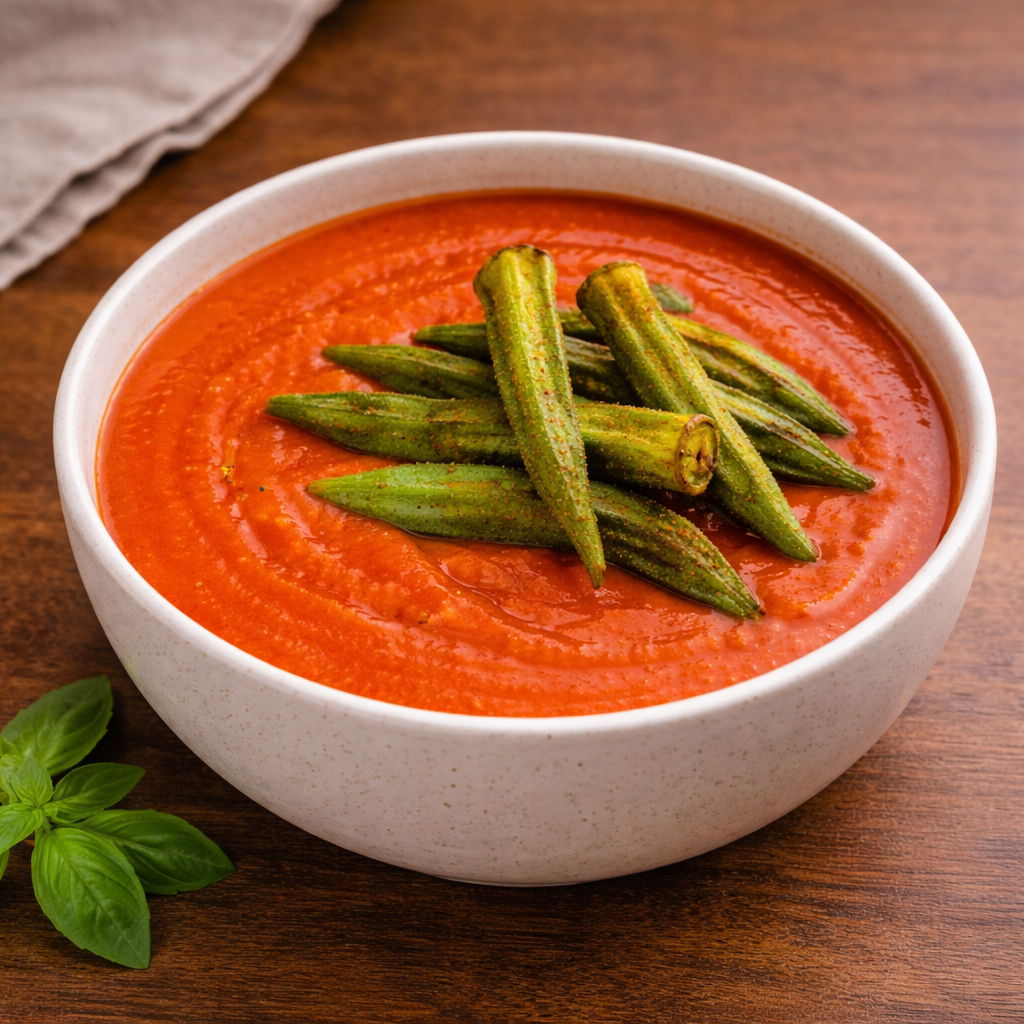 Kremowa wegańska zupa pomidorowa podana w misce, wykończona chrupiącą okrą Masala Super Munchies zamiast grzanek